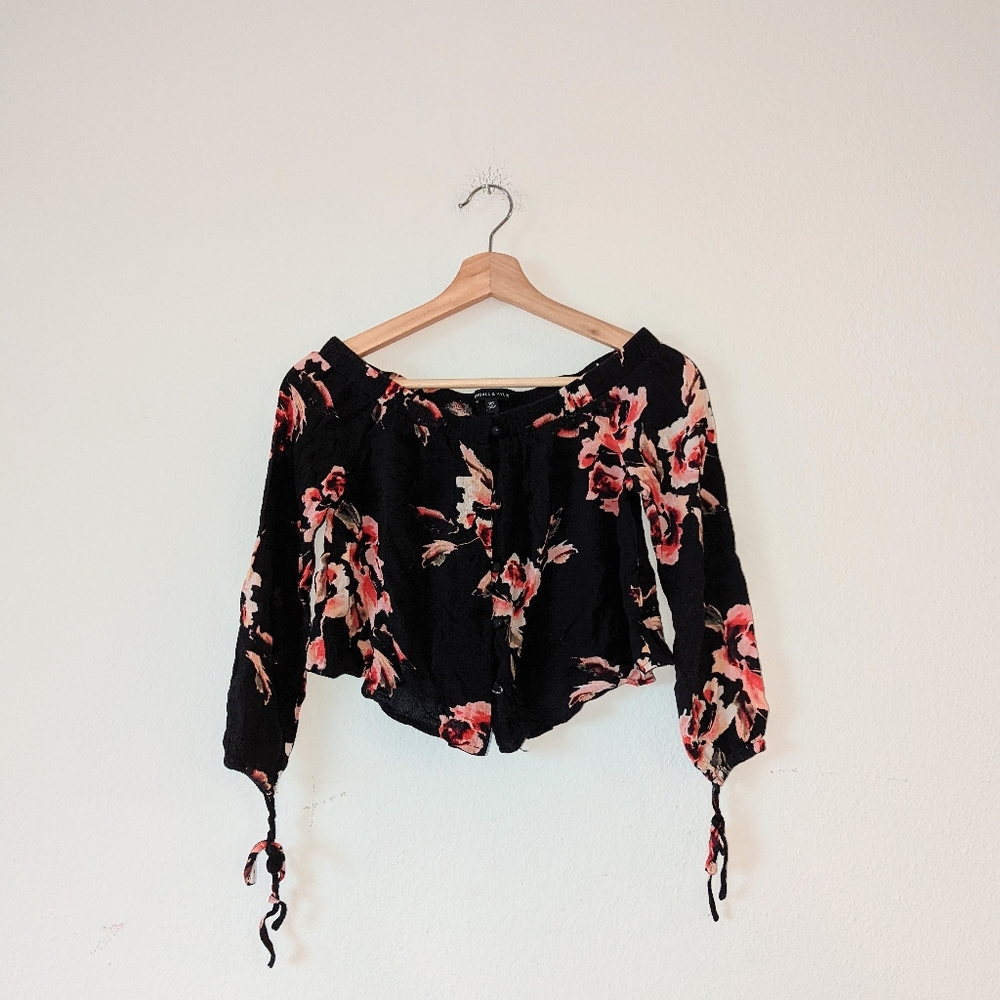 Kendall and Kylie Off Shoulder Black Floral Shirt XS